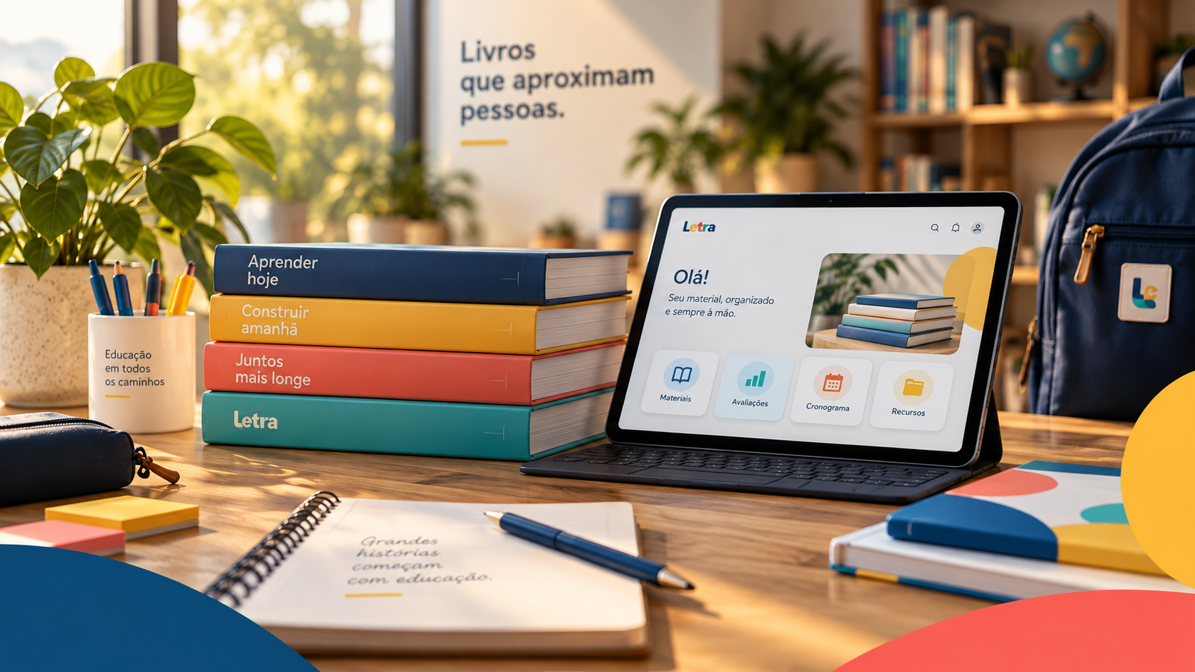 Material Didático Anglo 2027 organizado com livros e tablet